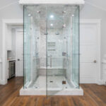 A spacious bathroom in a new construction home in Encino, California