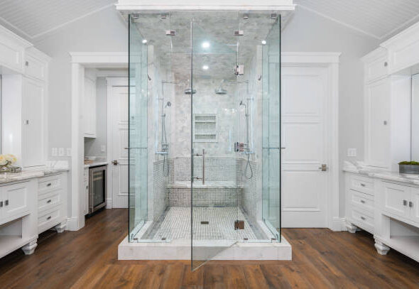 A spacious bathroom in a new construction home in Encino, California