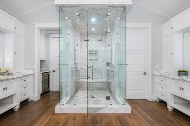 A spacious bathroom in a new construction home in Encino, California